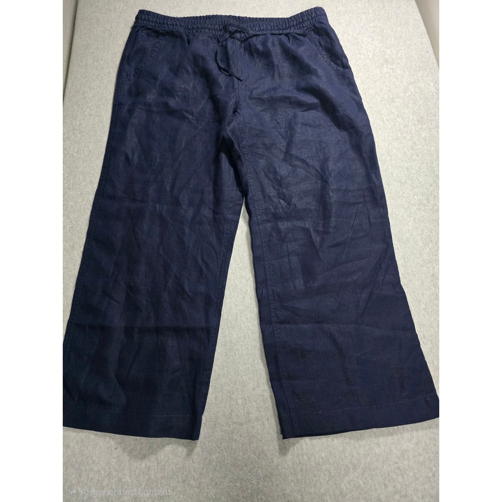 LL Bean Women 16 MT Navy Blue 100% Linen Wide Leg Drawstring Pants 522675